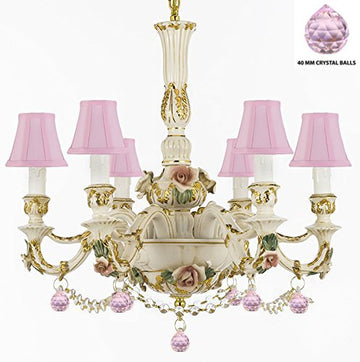 Authentic Capodimonte Porcelain Chandelier Lighting Chandeliers Cottage Chic Made in Italy, Trimmed w/ Roses & Flowers Dressed w/ Crystals and Balls With Pink Shades - GB102-SC/PINKSHADE/B52/B76/435/6