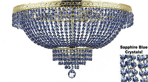 French Empire Semi Flush Crystal Chandelier Lighting - Dressed With Sapphire Blue Color Crystals H18" X W24" - A500-B82/Flush/Cg/870/9