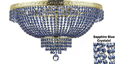 French Empire Semi Flush Crystal Chandelier Lighting - Dressed With Sapphire Blue Color Crystals H18" X W24" - A500-B82/Flush/Cg/870/9
