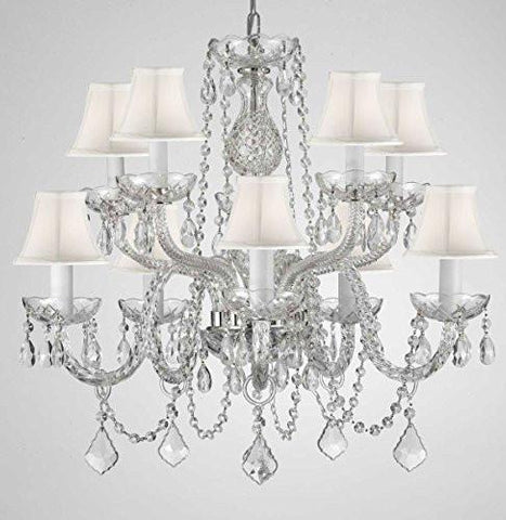 Swarovski Crystal Trimmed Chandelier Crystal Chandelier Lighting With White Shades H 25" X W 24" Swag Plug In-Chandelier W/ 14' Feet Of Hanging Chain And Wire - G46-B15/Whiteshades/Cs/1122/5+5 Sw