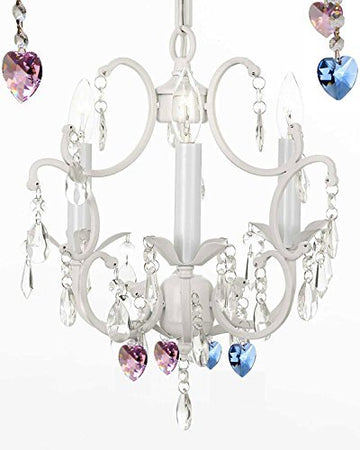 White Wrought Iron Crystal Mini Chandelier w/ Blue and Pink Crystal Hearts! H14" X W11" Swag Plug In-chandelier w/ 14' Feet of Hanging Chain and Wire! - G7-B17/B85/B21/WHITE/618/3