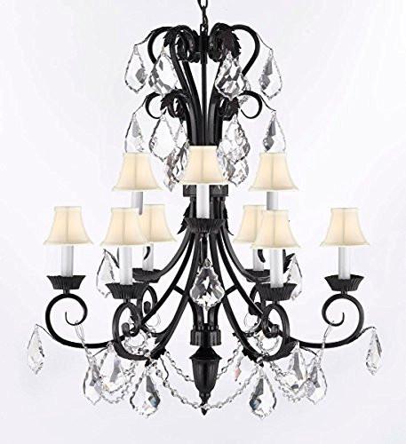 Entryway Wrought Iron (Tm) Chandelier 30" Inches Tall With Crystal And ShadesTrimmed With Spectra (Tm) Crystal - Reliable Crystal Quality By Swarovski - A84-Sc/B12/724/6+3-Sw