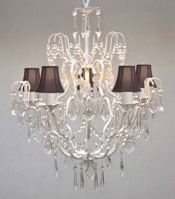 Swarovski Crystal Trimmed Chandelier Wrought Iron & Crystal Chandelier And Black Shades H27" X W21" - J10-Blackshades/C/26025/5 Sw