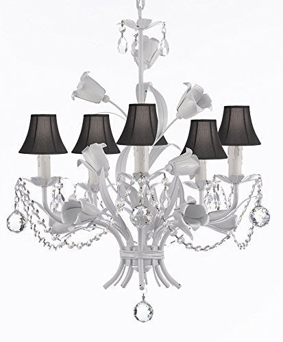 White Wrought Iron Floral Chandelier Empress Crystal (Tm) Flower Chandeliers Lighting H23" X W19" With Black Shades - J10-Sc/Blackshade/B6/B52/White/325/5