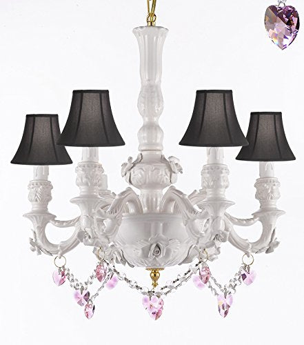 Authentic Capodimonte White Porcelain Chandelier Lighting Chandeliers Made in Italy, Good for Dining Room, Kids & Girls Bedrooms w/ Roses & Flowers Speciality item, W/ Pink Hearts Crystals and Black Shades - GB102-SC/BLACKSHADE/B52/B21/WHITE/435/6