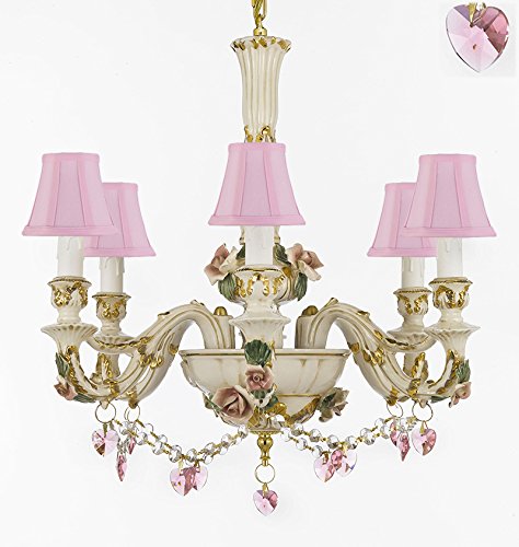 Authentic Capodimonte Porcelain Chandelier Lighting Chandeliers Cottage Chic Made in Italy, 24K Gold Trimmed w/ Roses & Flowers Dressed w/ Pink Hearts Crystals With Pink Shades - GB102-SC/PINKSHADES/B52/B23/435/6