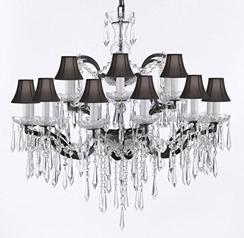 Nineteenth C. Baroque Iron & Empress Crystal (Tm) Chandelier Lighting Crystal Icicles H 28" X W 30" With Black Shades - G83-Blackshades/B27/995/18