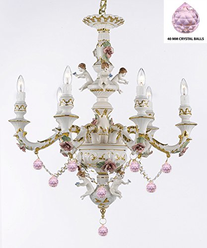 Authentic Capodimonte Porcelain Chandelier Lighting Chandeliers w/ Cherub Angels W/ Pink Balls Made in Italy Trimmed w/ Roses & Flowers-Limited Stock Available - GB102-B76/B52/119/6