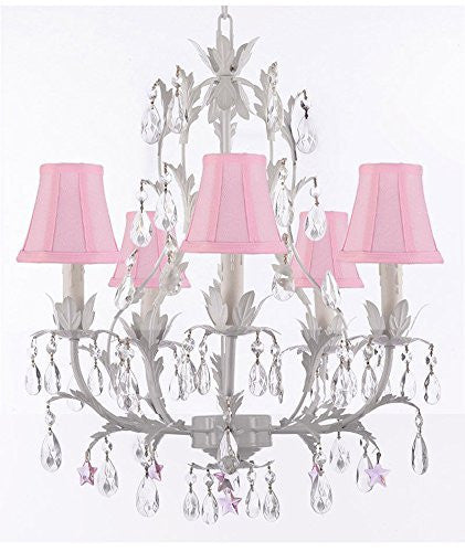 White Wrought Iron Floral Chandelier Lighting W/ Pink Stars And Shades - J10-Sc/Pinkshade/B38/White/26016/5