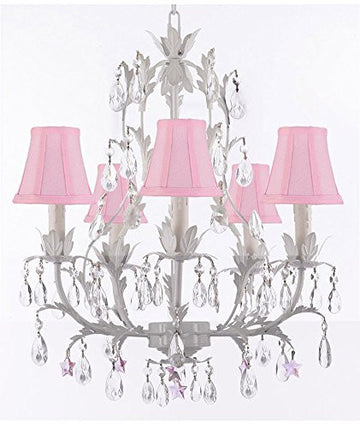 White Wrought Iron Floral Chandelier Lighting W/ Pink Stars And Shades - J10-Sc/Pinkshade/B38/White/26016/5