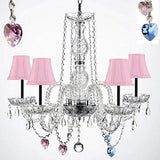 Authentic Empress Crystal Chandelier Lighting Chandeliers with Blue and Pink Crystal Hearts and Pink Shades w/Chrome Sleeves H25" X W24" - G46-B43/PINKSHADES/B85/B21/384/5