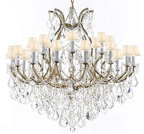 Swarovski Crystal Trimmed Chandelier Lighting Chandeliers H46" X W46" Dressed with Large, Luxe Crystals! - Great for The Foyer, Entry Way, Living Room, Family Room and More! w/White Shades - A83-B90/WHITESHADES/2MT/24+1SW