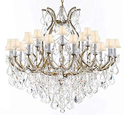 Swarovski Crystal Trimmed Chandelier Lighting Chandeliers H46" X W46" Dressed with Large, Luxe Crystals! - Great for The Foyer, Entry Way, Living Room, Family Room and More! w/White Shades - A500-B90/WHITESHADES/2MT/24+1SW