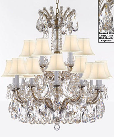 Maria Theresa Chandelier Crystal Lighting Fixture Pendant Ceiling Lamp With Large Luxe Diamond Cut Crystals H30" X W28" -Good For Dining Room Living Room And More W/ Whiteshades - A500-Cg/Whiteshades/B90/152/18Dc