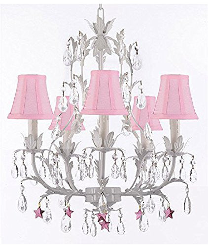 White Wrought Iron Floral Chandelier Lighting W/ Purple Stars And Shades - J10-Sc/Pinkshade/B51/White/26016/5