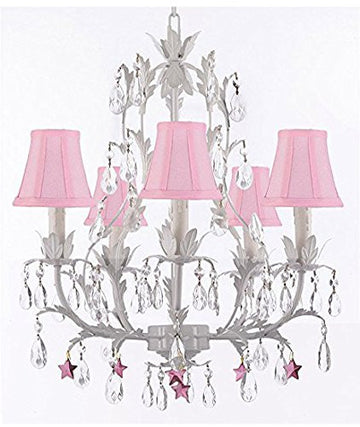 White Wrought Iron Floral Chandelier Lighting W/ Purple Stars And Shades - J10-Sc/Pinkshade/B51/White/26016/5
