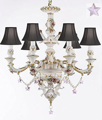 Authentic Capodimonte Porcelain Chandelier Lighting w/ Cherub Angels W/ Pink Stars W/ Black Shades Made in Italy Good for Dining Room, Kids & Girls Bedrooms Trimmed w/ Roses & Flowers - GB102-SC/BLACKSHADES/B38/119/6
