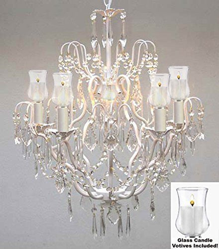Crystal Chandelier W/ Candle Votives H27" X W21"- For Indoor / Outdoor Use Great For Outdoor Events Hang From Trees / Gazebo / Pergola / Porch / Patio / Tent - J10-White/B31/C/26025/5