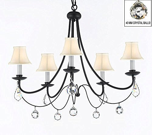 Empress Crystal (Tm) Wrought Iron Chandelier Lighting H.22.5" X W.26" With White Shades And Crystal Balls Swag Plug In-Chandelier W/ 14' Feet Of Hanging Chain And Wire - J10-B16/Sc/Whiteshades/B7/B6/26031/5