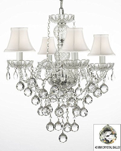 New Authentic All Crystal Chandelier Lighting W/ 40Mm Crystal Balls And With White Shades H22" X W17" - J10-Whiteshades/B6/3/26098/4