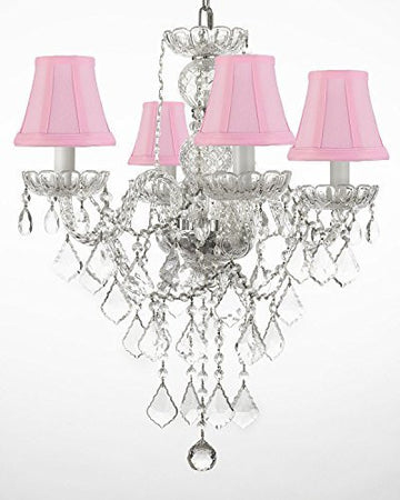 New Authentic All Crystal Chandelier Lighting With Pink Shades H22" X W17" - J10-Pinkshades/3/26098/4