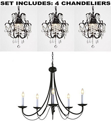 Set Of 4 - Wrought Iron Chandelier Lighting H22" X W26" And Wrought Iron Crystal Chandeliers H14" W11" - 1Ea-26031/5 + 3Ea-26030/1