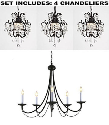 Set Of 4 - Wrought Iron Chandelier Lighting H22" X W26" And Wrought Iron Crystal Chandeliers H14" W11" - 1Ea-26031/5 + 3Ea-26030/1