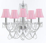 Murano Venetian Style Chandelier Crystal Lights Fixture Pendant Ceiling Lamp for Dining Room, Bedroom, Living Room with Large, Luxe, Diamond Cut Crystals w/Chrome Sleeves! H25" X W24" w/Pink Shades - A46-B43/PINKSHADES/B94/B89/384/5DC