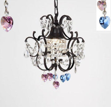 Wrought Iron Crystal Mini Chandelier W/ Blue And Pink Crystal Hearts H14" X W11" - J10-B85/B21/26030/1