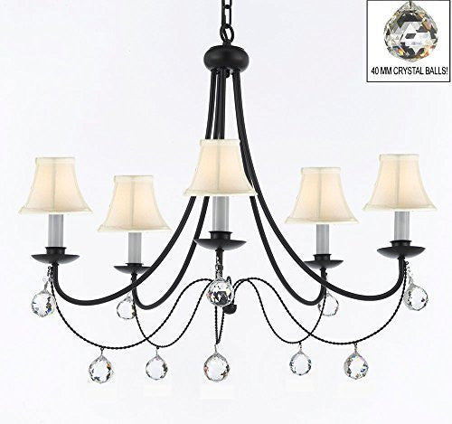 Empress Crystal (Tm) Wrought Iron Chandelier Lighting H.22.5" X W.26" With White Shades And Crystal Balls - J10-Sc/Whiteshades/B6/26031/5