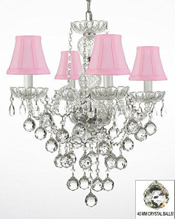 Swarovski Crystal Trimmed Chandelier New Authentic All Crystal Chandelier Lighting W/ 40Mm Crystal Balls And With Pink Shades H22" X W17" - J10-Pinkshades/B6/3/26098/4 Sw