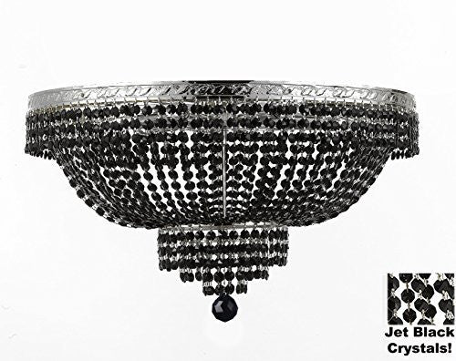 French Empire Semi Flush Crystal Chandelier Lighting - Dressed With Jet Black Color Crystals H18" X W24" - A500-B80/Flush/Cg/870/9