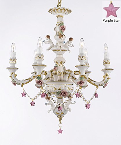 Authentic Capodimonte Porcelain Chandelier Lighting w/ Cherub Angel W/ Purple Star Made in Italy Good for Dining Room, Kids & Girls Bedroom 24K Gold Trimmed w/ Roses & Flowers-Limited Stock Available - GB102-B51/B52/119/6