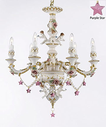 Authentic Capodimonte Porcelain Chandelier Lighting w/ Cherub Angel W/ Purple Star Made in Italy Good for Dining Room, Kids & Girls Bedroom 24K Gold Trimmed w/ Roses & Flowers-Limited Stock Available - GB102-B51/B52/119/6