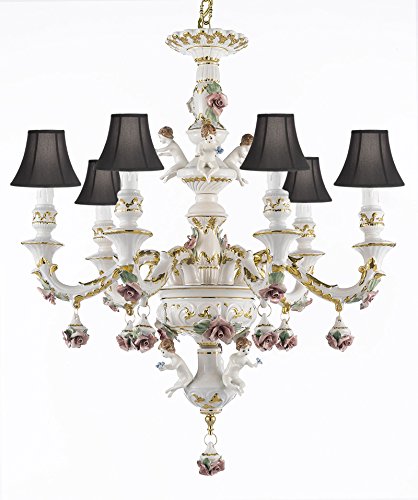 Authentic Capodimonte Porcelain Chandelier Lighting w/ Cherub Angels Made in Italy Good for Dining Room, Kids & Girls Bedrooms Trimmed w/ Roses & Flowers-Limited Stock Available - W/ Black Shades - GB102-SC/Blackshades/119/6