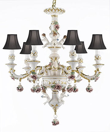 Authentic Capodimonte Porcelain Chandelier Lighting w/ Cherub Angels Made in Italy Good for Dining Room, Kids & Girls Bedrooms Trimmed w/ Roses & Flowers-Limited Stock Available - W/ Black Shades - GB102-SC/Blackshades/119/6