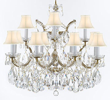 Swarovski Crystal Trimmed Maria Theresa Chandelier Crystal Lighting Fixture Pendant Ceiling Lamp for Dining room, Entryway, Living room With Large, Luxe Crystals! H22" X W28" w/ White Shades - A500-CG/WHITESHADES/B89/21532/12+1SW
