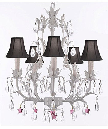White Wrought Iron Floral Chandelier Lighting W/ Purple Stars And Shades - J10-Sc/Blackshade/B51/White/26016/5