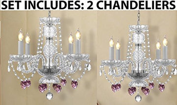 Set Of 2 - Chandeliers Lighting W/ Crystal Pink Hearts H 17 - 2Ea J10-B21/26098/4