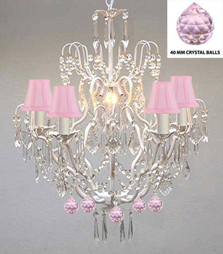 Wrought Iron & Crystal Chandelier Authentic Empress Crystal(Tm) Chandelier Lighting Chandeliers With Pink Balls Nursery Kids Girls Bedrooms Kitchen Etc. With Pink Shades - J10-Pinkshades/White/B76/C/26025/5