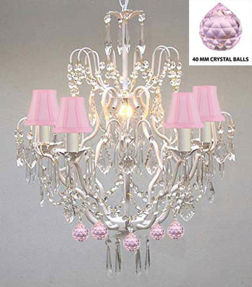 Wrought Iron & Crystal Chandelier Authentic Empress Crystal(Tm) Chandelier Lighting Chandeliers With Pink Balls Nursery Kids Girls Bedrooms Kitchen Etc. With Pink Shades - J10-Pinkshades/White/B76/C/26025/5