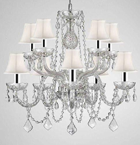 Crystal Chandelier Chandeliers Lighting with White Shades w/Chrome Sleeves H 25" X W 24" - G46-B43/WHITESHADES/CS/1122/5+5