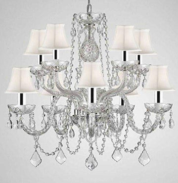 Crystal Chandelier Chandeliers Lighting with White Shades w/Chrome Sleeves H 25" X W 24" - G46-B43/WHITESHADES/CS/1122/5+5