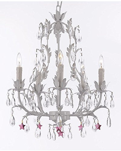 White Wrought Iron Floral Chandelier Lighting W/ Purple Stars - J10-B51/White/26016/5