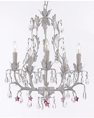 White Wrought Iron Floral Chandelier Lighting W/ Purple Stars - J10-B51/White/26016/5