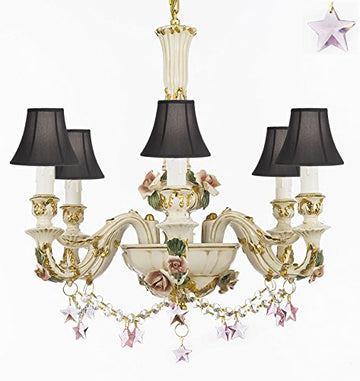 Authentic Capodimonte Porcelain Chandelier Lighting Chandeliers Cottage Chic Made in Italy, 24K Gold Trimmed w/ Roses & Flowers Dressed w/ Pink Stars Crystals With Black Shades - GB102-SC/BLACKSHADES/B52/B38/435/6