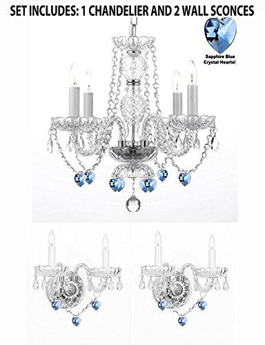 Three Piece Lighting Set - Crystal Chandelier And 2 Wall Sconces W/ Blue Crystal Hearts - 1Ea-B85/26098/4 + 2Ea-B85/2/386