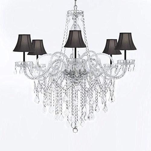 Murano Venetian Style All-Crystal Chandelier Chandeliers with Black Shades W/Chrome Sleeves H38" X W32" - G46-B43/SC/BLACKSHADES/B12/B67/385/6