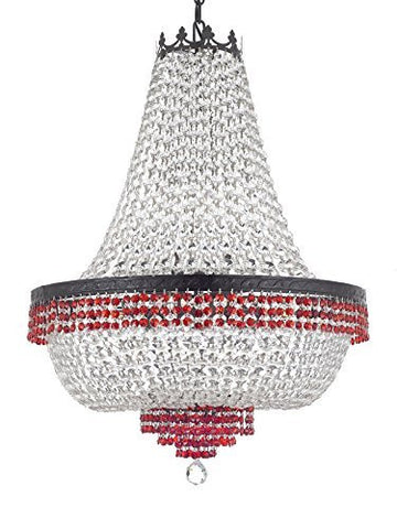 French Empire Crystal Chandelier Chandeliers Lighting Trimmed With Ruby Red Crystal With Dark Antique Finish H30" X W24" Good For Dining Room Foyer Entryway Family Room And More - A500-B75/Cb/870/9