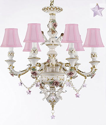 Authentic Capodimonte Porcelain Chandelier Lighting w/ Cherub Angels W/ Pink Stars W/ Pink Shades Made in Italy Good for Dining Room, Kids & Girls Bedrooms 24K Gold Trimmed w/ Roses & Flowers - GB102-SC/PINKSHADES/B38/119/6